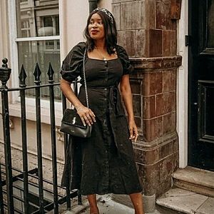 Black Creped Midi Dress with Square Neck